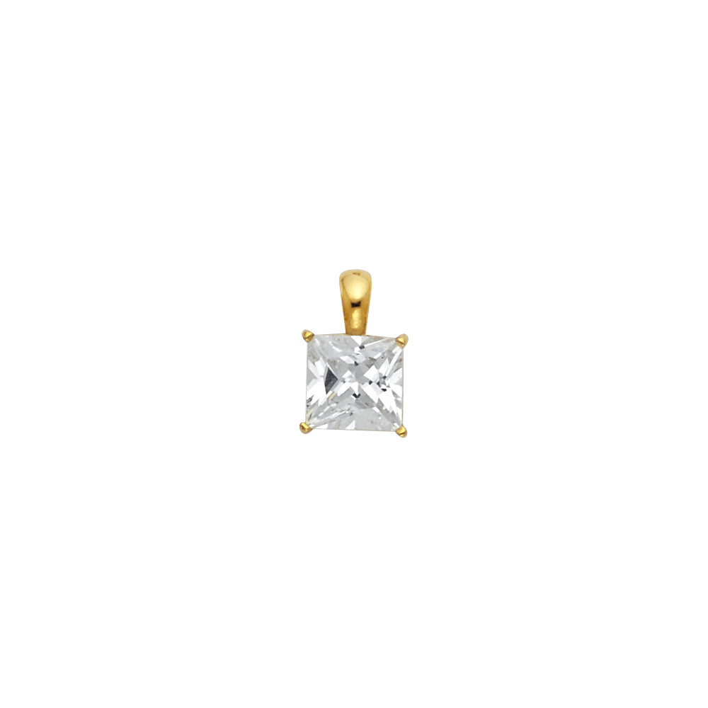 14K yellow gold princess-cut CZ pendant with basket setting, solitaire charm for layering, chain sold separately.