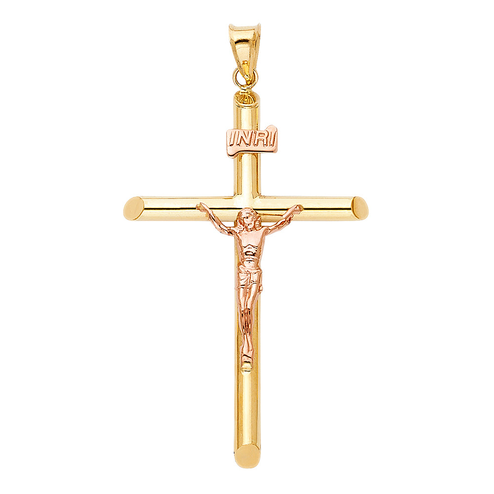 14k Gold Classic Tube Cross Crucifix with Jesus in rose gold