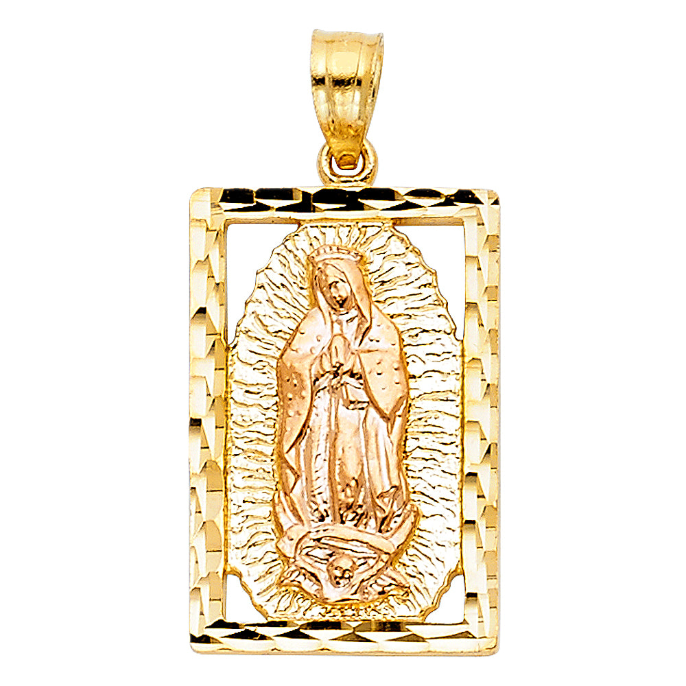 14K gold vertical rectangle pendant with diamond-cut border, featuring a rose gold Virgin Mary with a yellow gold design