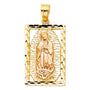 14K gold vertical rectangle pendant with diamond-cut border, featuring a rose gold Virgin Mary with a yellow gold design
