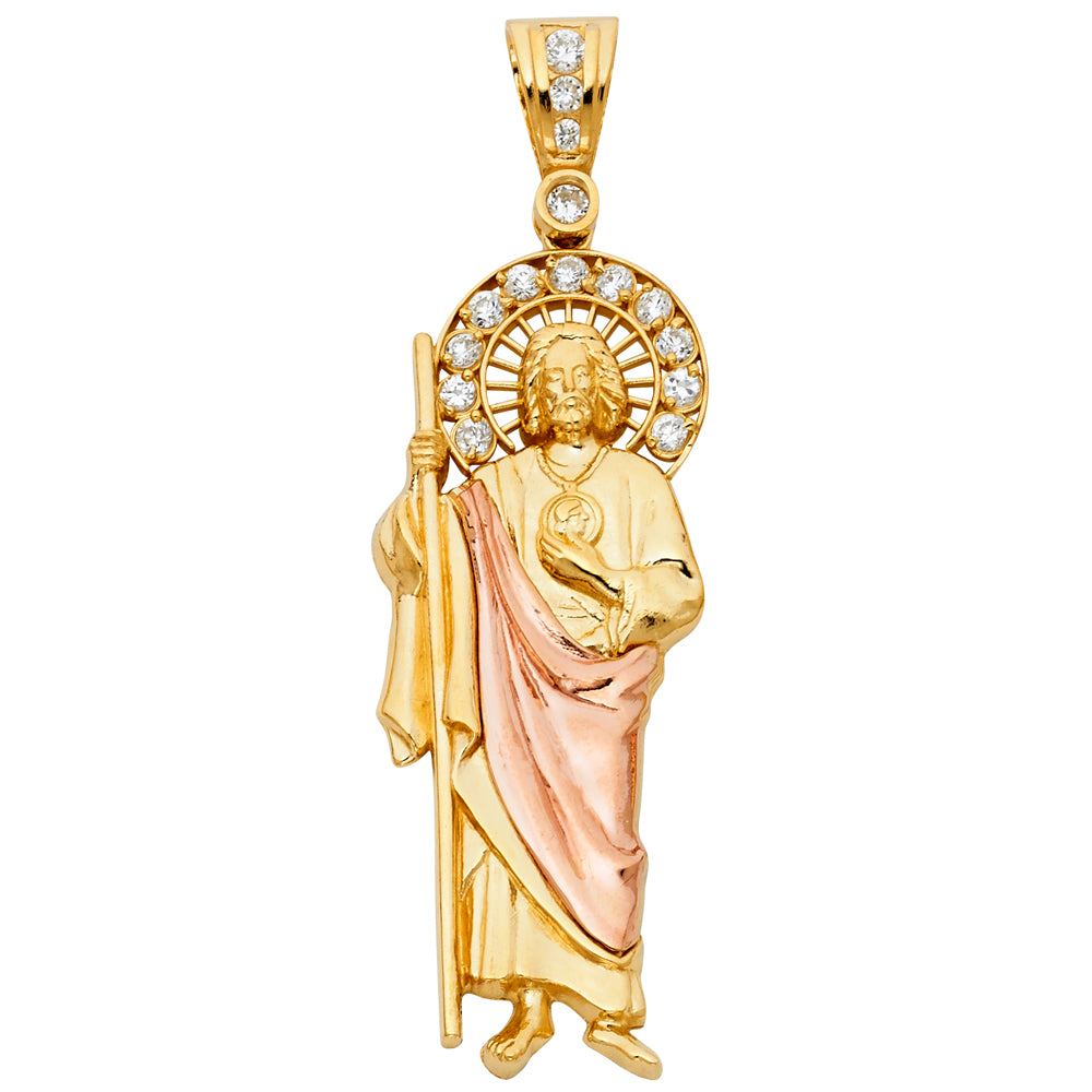 14k gold tri color san judas cz pendant