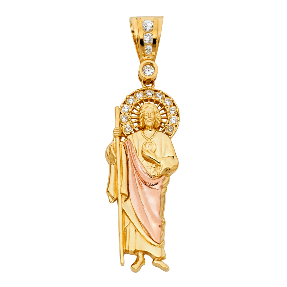 14k gold tri color san judas cz pendant