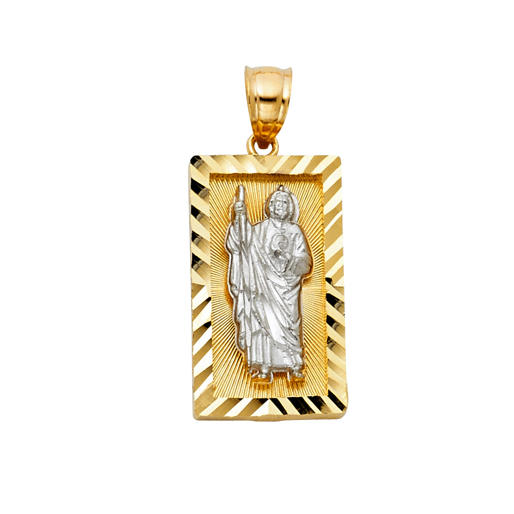 Professional stock photo of 14K two-tone gold San Judas pendant with diamond-cut border and Saint Jude depiction