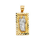 Professional stock photo of 14K two-tone gold San Judas pendant with diamond-cut border and Saint Jude depiction