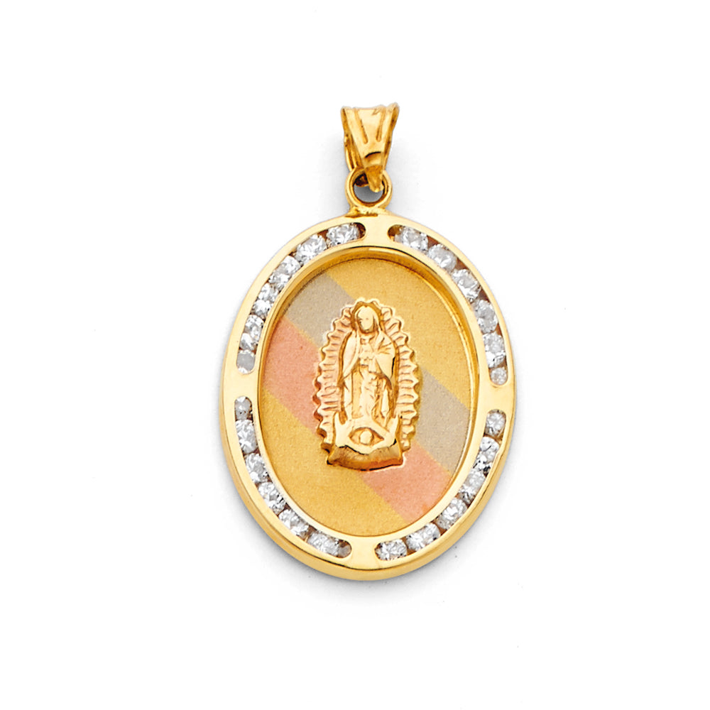 14K Tri-Color Virgencita CZ Oval Pendant