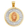 14K gold Nuestra Senora De Guadalupe pendant featuring yellow gold with diamond-cut edges, white gold border, and a rose gold Guadalupe, available in two sizes