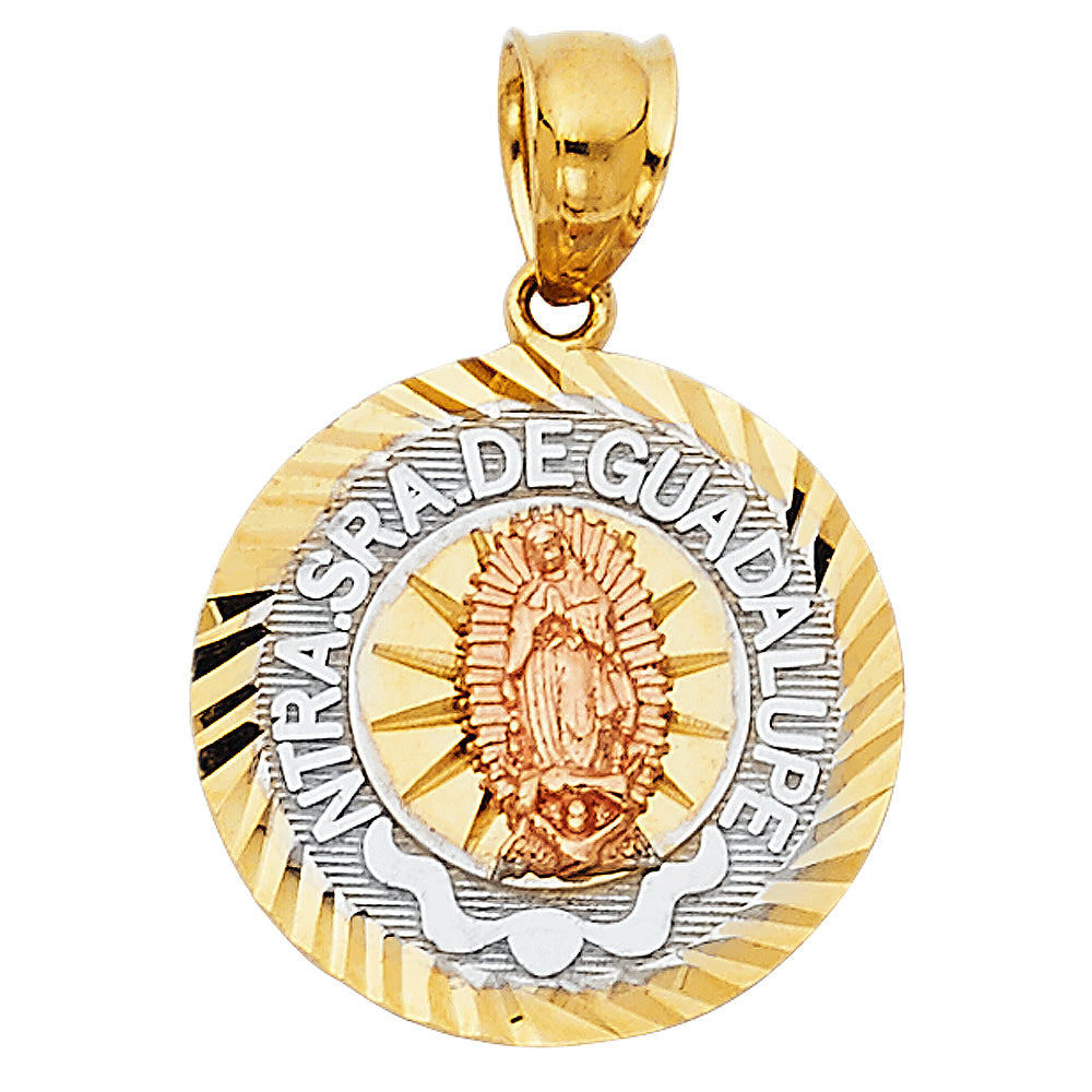14K gold Nuestra Senora De Guadalupe pendant featuring yellow gold with diamond-cut edges, white gold border, and a rose gold Guadalupe, available in two sizes