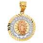 14K gold Nuestra Senora De Guadalupe pendant featuring yellow gold with diamond-cut edges, white gold border, and a rose gold Guadalupe, available in two sizes