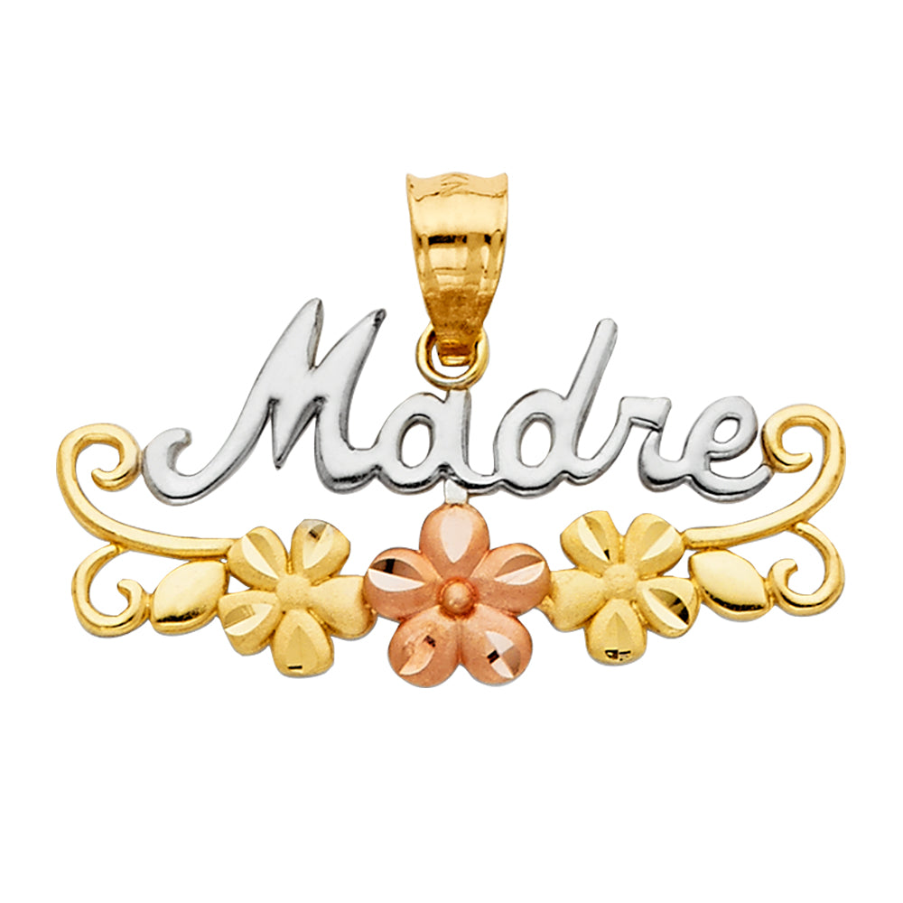 “flores para mamá” – 14k gold madre pendant with tri-color flowers