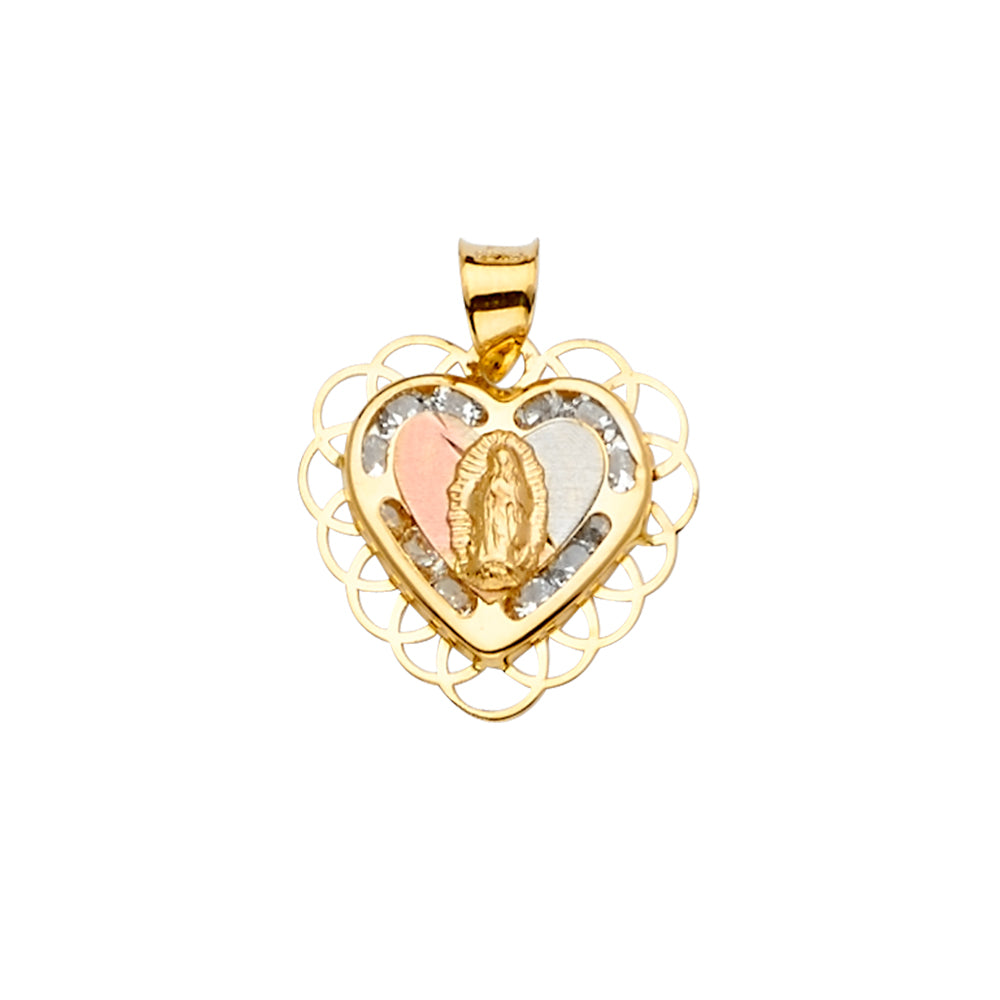 14k gold tri color heart cz virgencita pendant