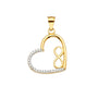 14K gold open heart pendant with infinity symbol on the right and white CZ stones on the left edge