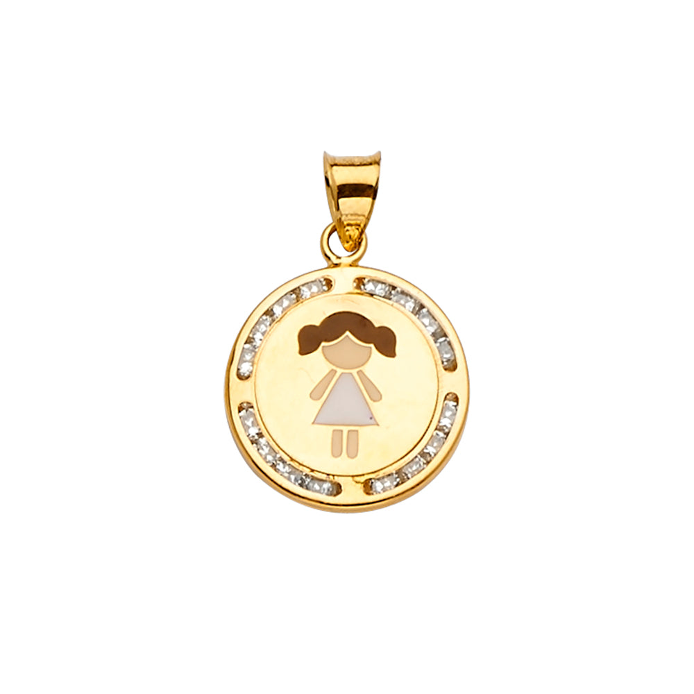 14K gold girl pendant with pink enamel dress and cubic zirconia border, yellow gold charm perfect for Mother’s Day, birthdays, or family keepsakes, 21mm x 15mm.