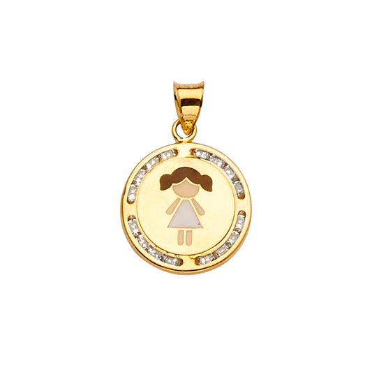 14K gold girl pendant with pink enamel dress and cubic zirconia border, yellow gold charm perfect for Mother’s Day, birthdays, or family keepsakes, 21mm x 15mm.