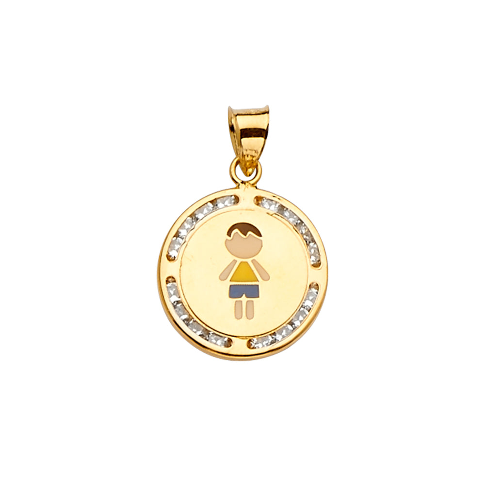 14K gold boy pendant with yellow and blue enamel outfit, cubic zirconia border, yellow gold charm perfect for Mother’s Day, birthdays, or family keepsakes, 21mm x 15mm.