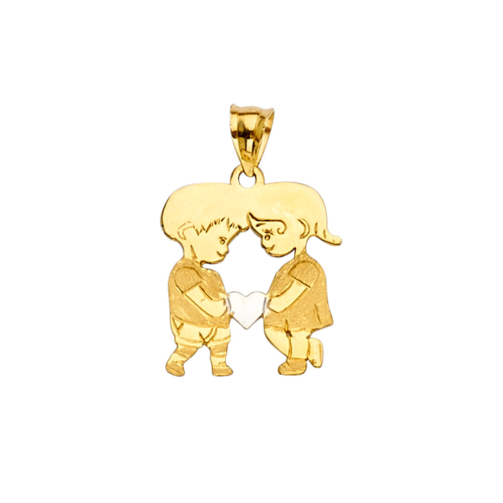 14K gold boy and girl pendant with white gold heart, sentimental charm in yellow gold, perfect for Mother’s Day, anniversaries, or family keepsakes, 22mm x 14mm.