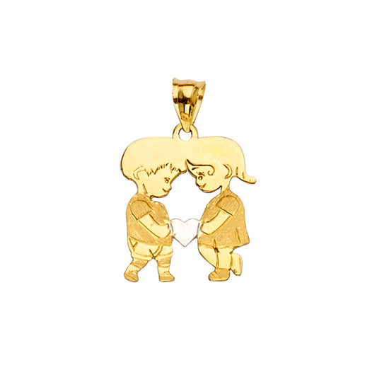 14K gold boy and girl pendant with white gold heart, sentimental charm in yellow gold, perfect for Mother’s Day, anniversaries, or family keepsakes, 22mm x 14mm.