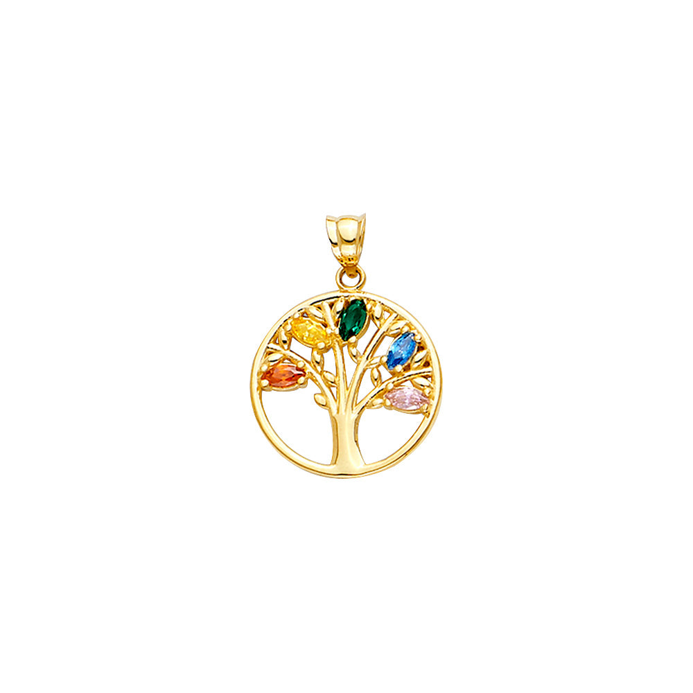 This 14K gold tree of life pendant features multicolor stones, symbolizing growth, family roots, and harmony.