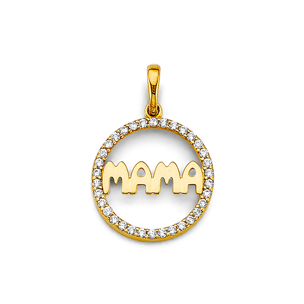14k gold “mama” circle pendant with cz border