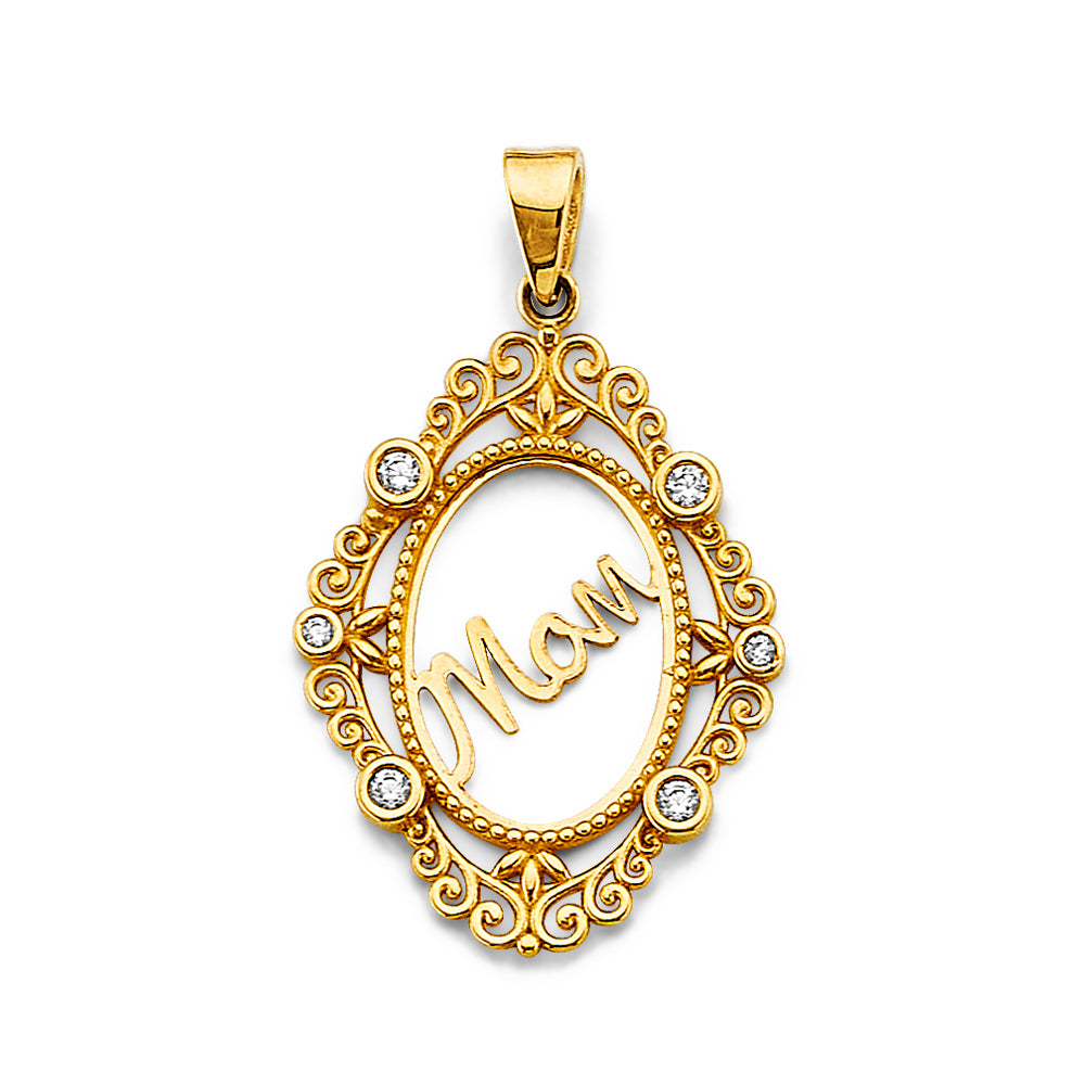 “joya de mamá” – 14k gold mom oval pendant with cz accents