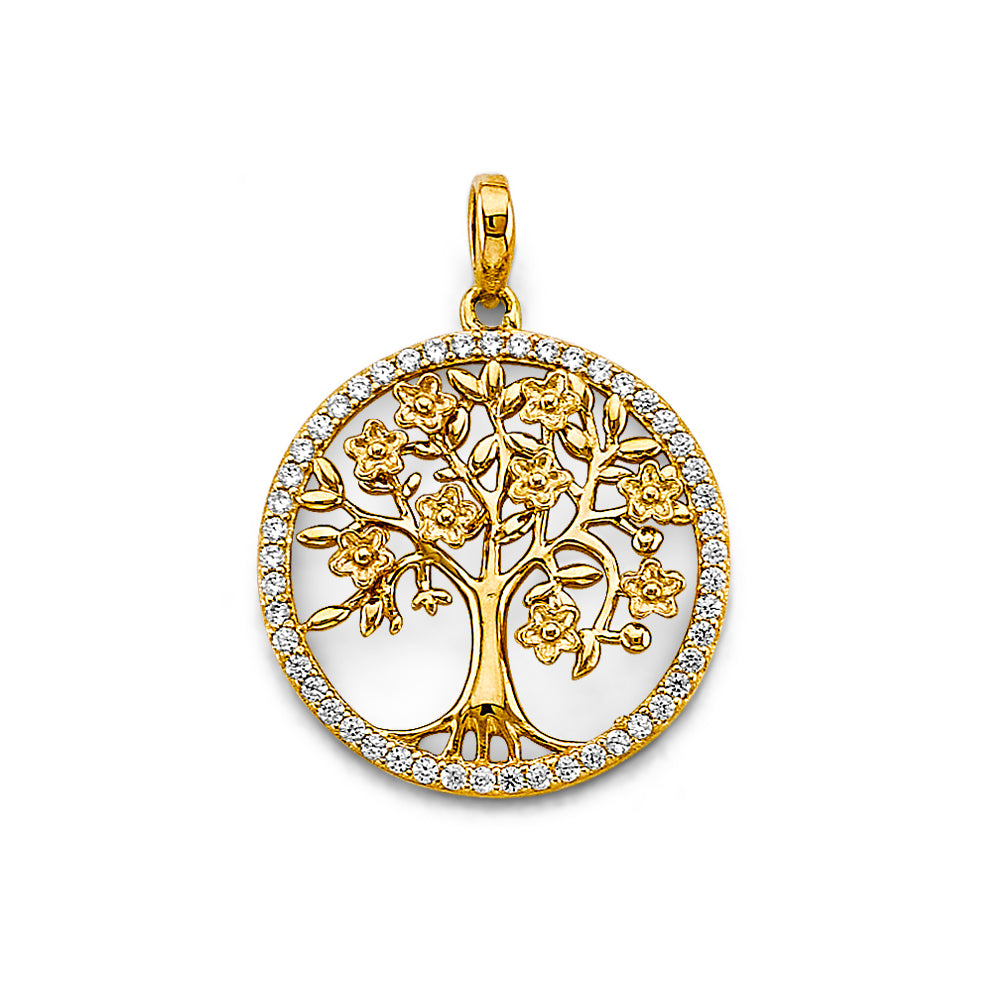 “raíces brillantes” – 14k gold tree of life pendant with cz border