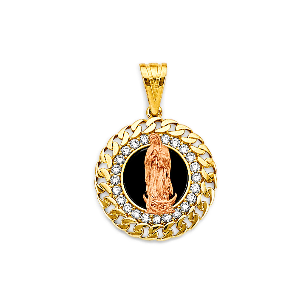 14K yellow gold Virgen De Guadalupe pendant with black onyx center, rose gold Virgin Mary, CZ border, and Cuban link-style outer border