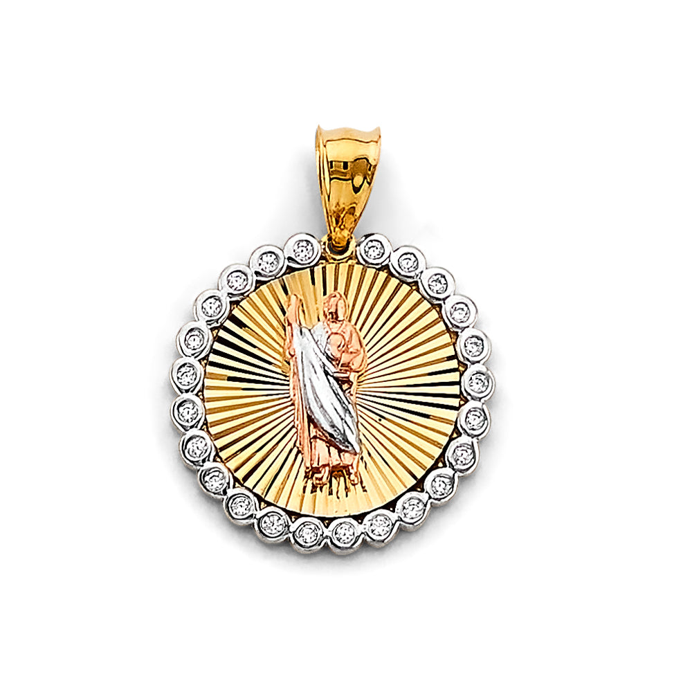 14k gold tri color round cz san judas pendant
