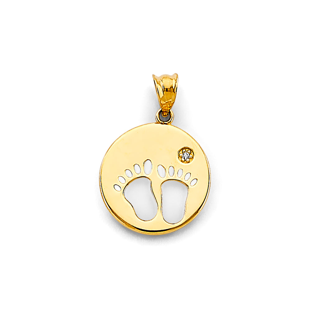 14K gold baby footprints pendant with cubic zirconia accent, yellow gold charm perfect for Mother’s Day, baby showers, new moms, or family keepsakes, 20mm x 15mm.
