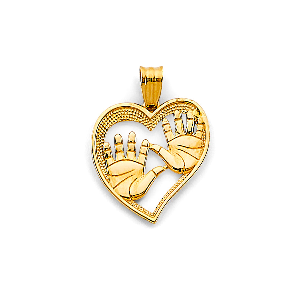 14K gold heart pendant with baby handprints inside, yellow gold charm perfect for new moms, Mother’s Day, baby showers, or family keepsakes, 20mm x 15mm.