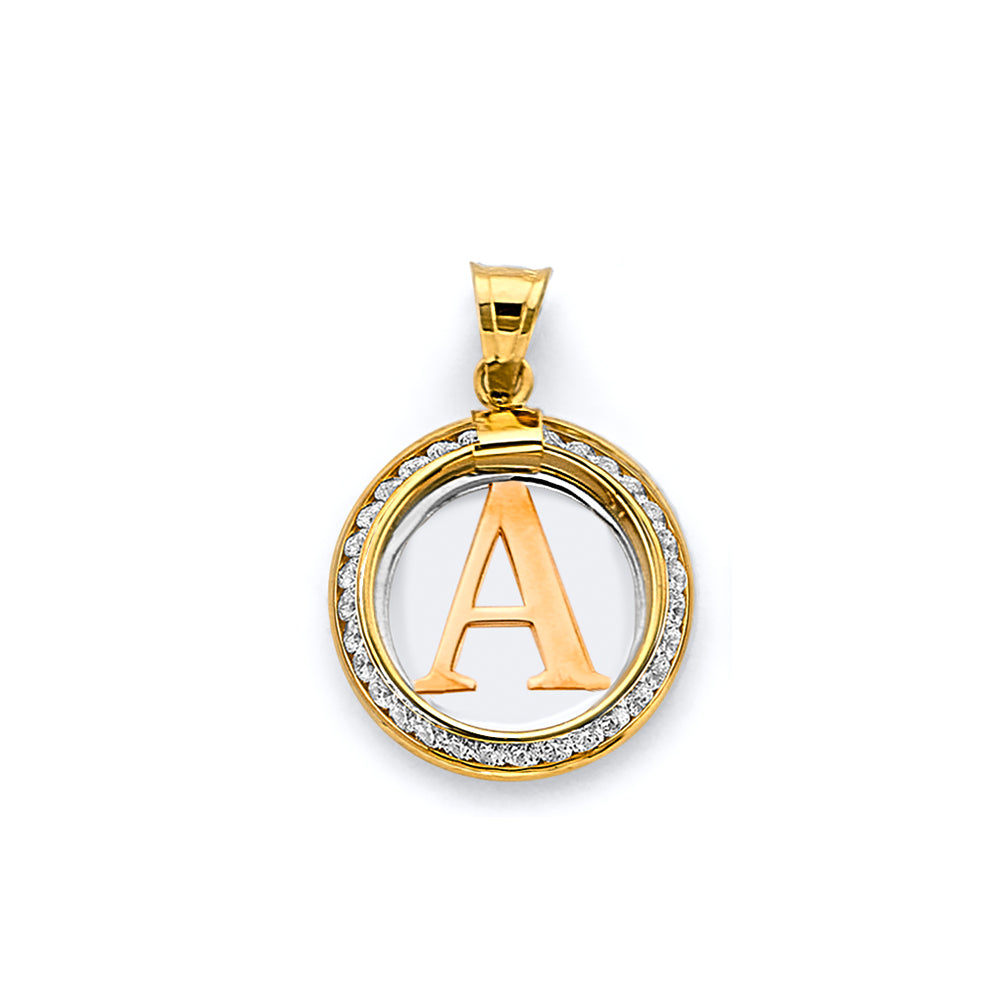 14k gold two tone round cz initial pendant