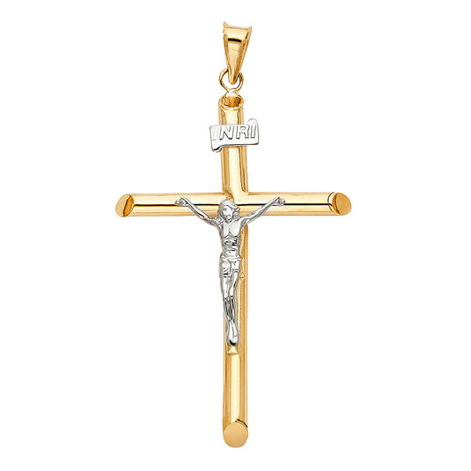 Colgante de crucifijo de dos tonos de oro macizo de 14 quilates