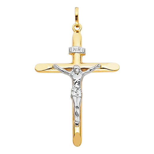 Colgante de crucifijo de oro macizo de 14 quilates en dos tonos