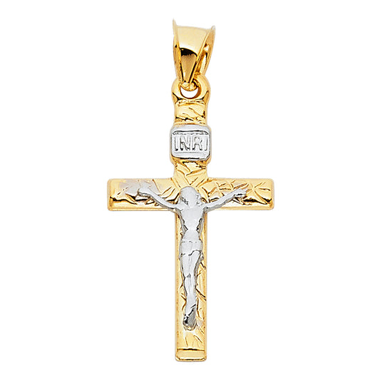 Colgante pequeño con diseño de crucifijo de oro macizo de 14 quilates en dos tonos
