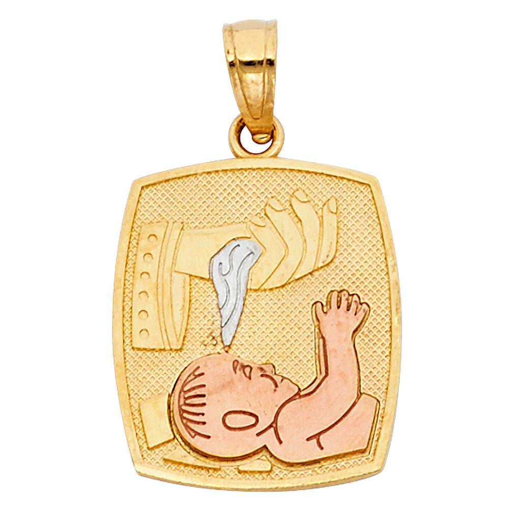 14k solid gold tri color baptismal square pendant