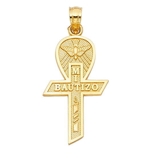 14K Solid Gold Mi Bautizo Cross Pendant