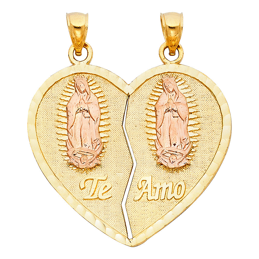 14k solid gold two tone guadalupe split heart pendant