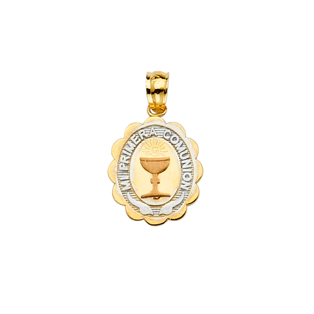 14k solid gold tri color primera communion oval pendant