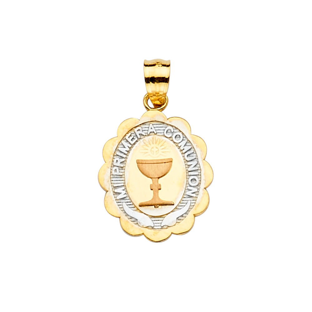 14k solid gold tri color primera communion oval pendant