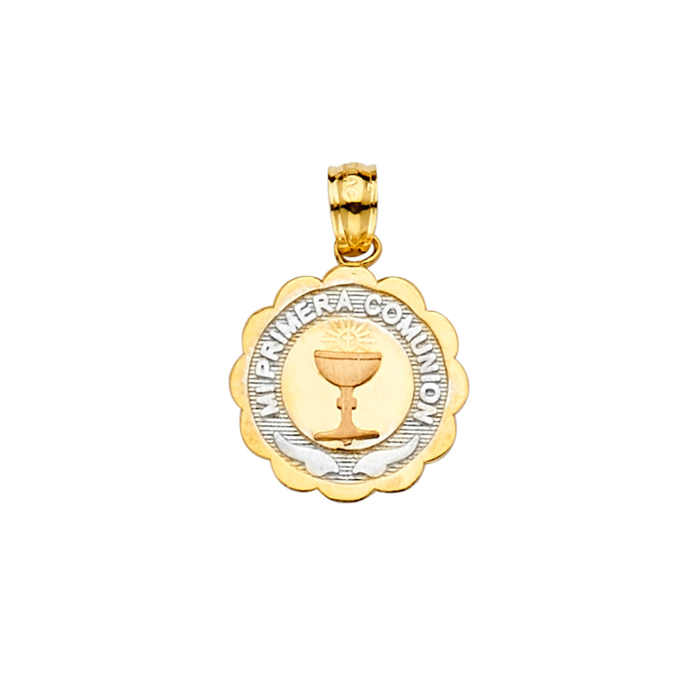 14k solid gold tri color primera communion round pendant