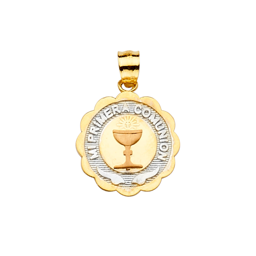 14k solid gold tri color primera communion round pendant