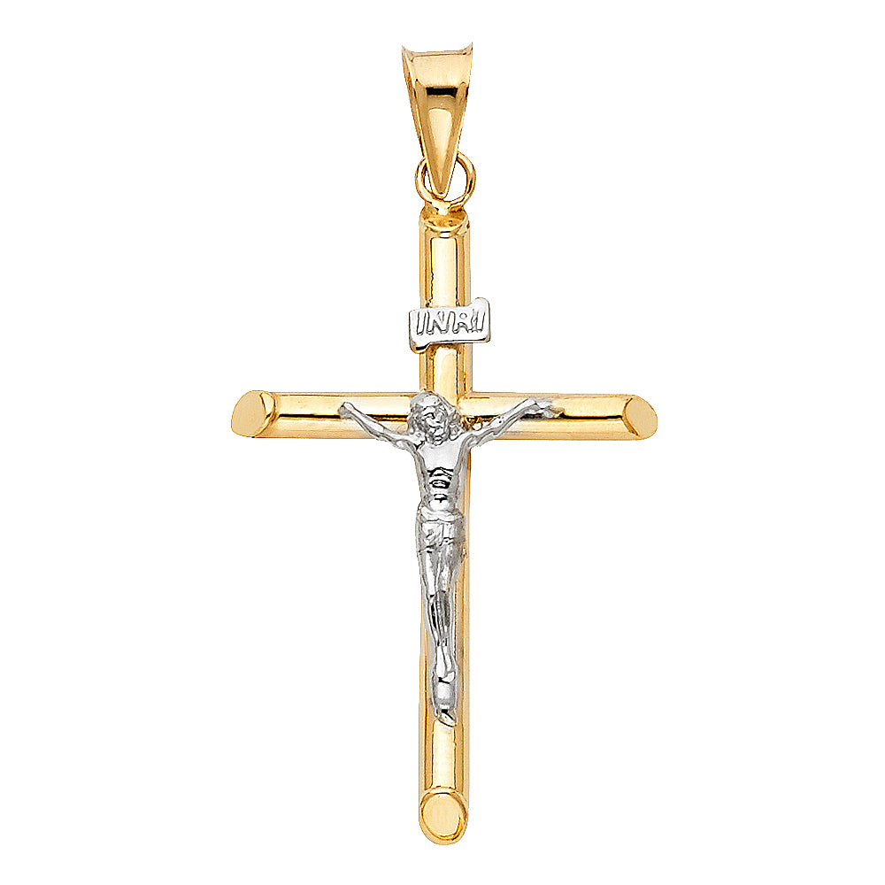 14K Solid Gold Two Tone Crucifix Pendant