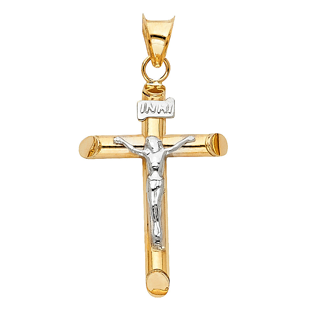 Colgante de crucifijo de dos tonos de oro macizo de 14 quilates