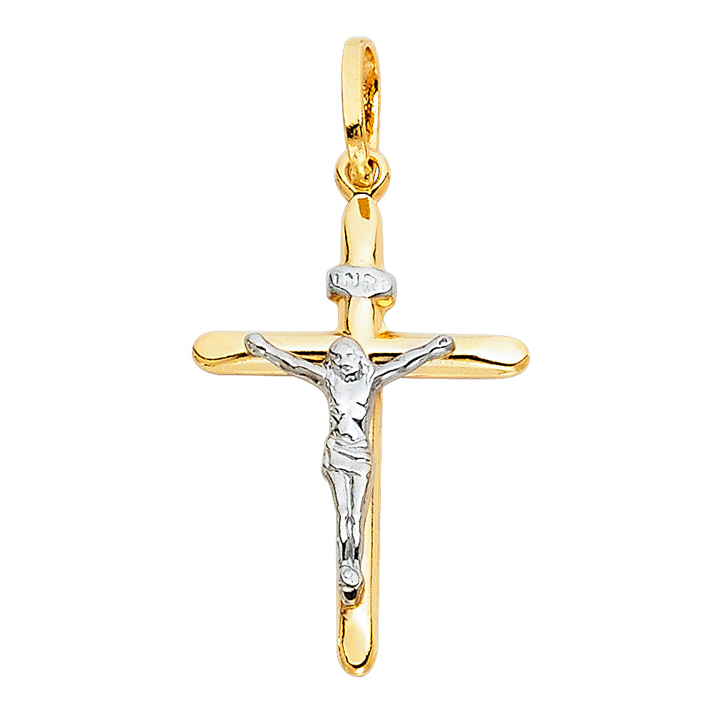 Colgante de crucifijo de oro macizo de 14 quilates en dos tonos