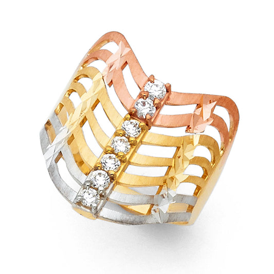 “reina brillante” – 14k tri-color open band ring with cz stones