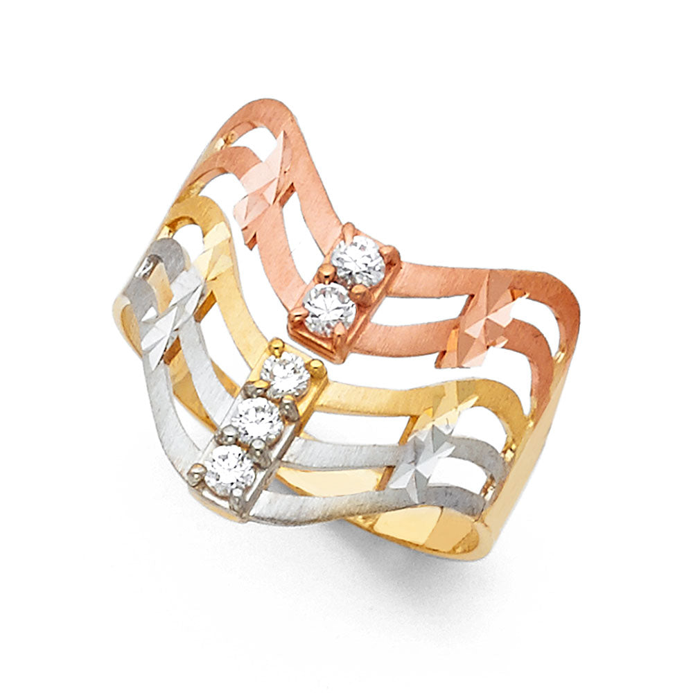14k tri-color open band ring with dual cz rows