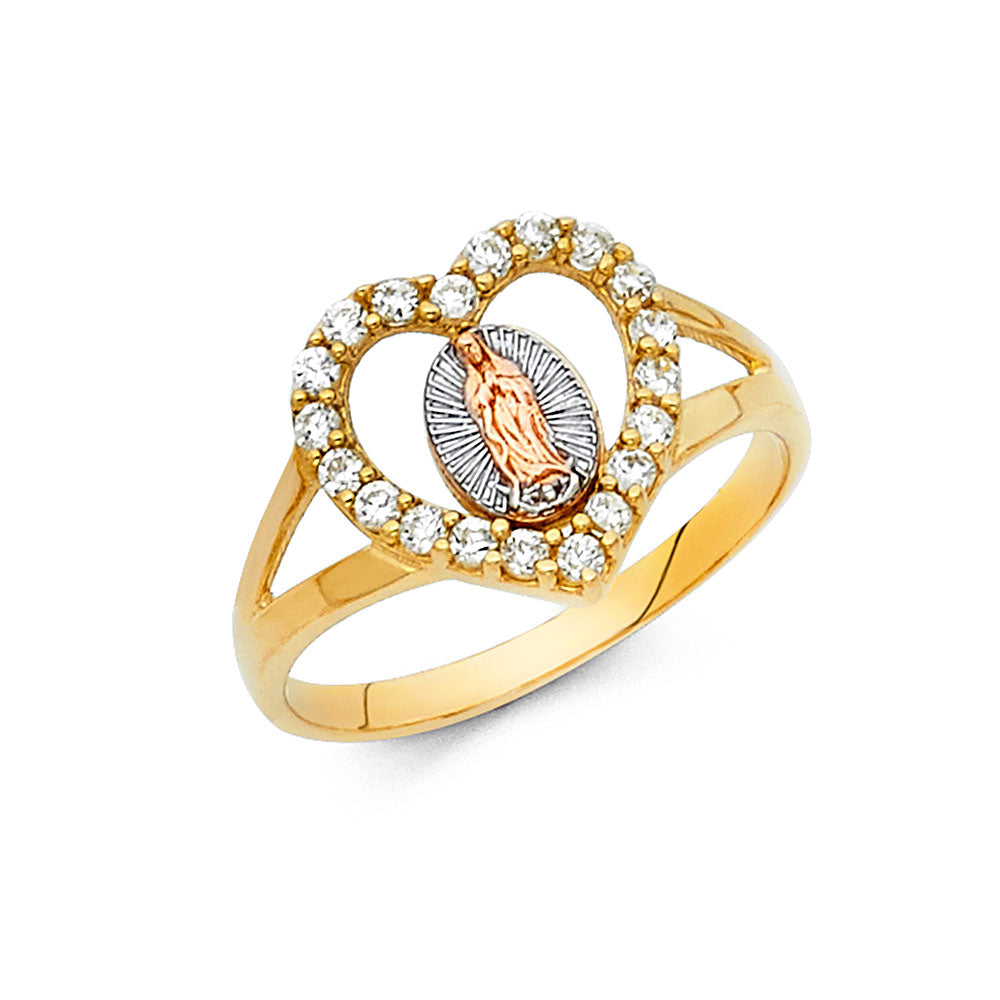 14k gold tri color cz heart virgencita ring