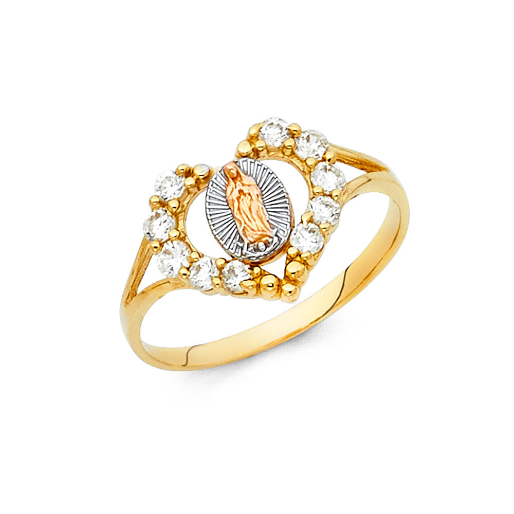 14k gold tri color cz heart virgencita ring (622)
