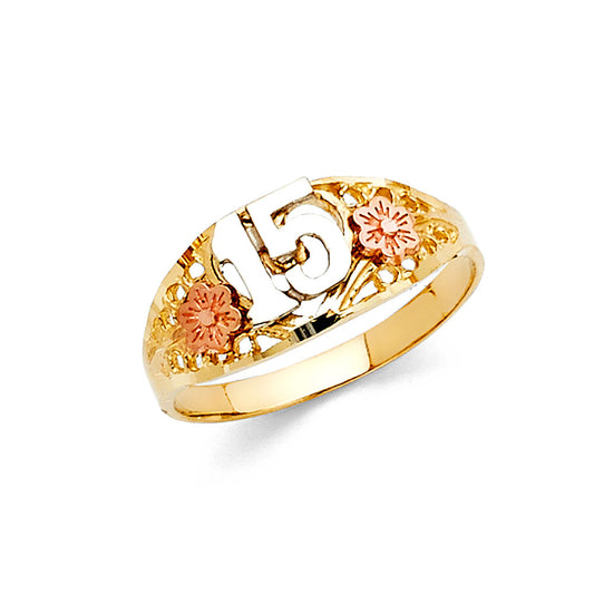 14k gold tri color flowers 15 ring