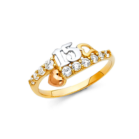 14k gold tri color heart cz 15 ring