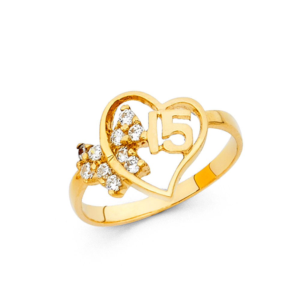 14K Quinceañera ring, 14K 15 años ring, 15 heart butterfly gold ring, Quinceañera jewelry gift, 14K gold 15 años anillo, butterfly heart 15 ring, 14K gold Quince ring, 15 años jewelry