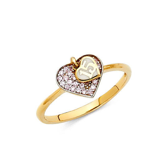 14K Gold 15 Años Heart Ring with Pink CZs, Quinceañera Jewelry Gift, Sweet 15 Ring, Authentic Real Gold Quince Ring, Heart Design Quinceañera Anillo